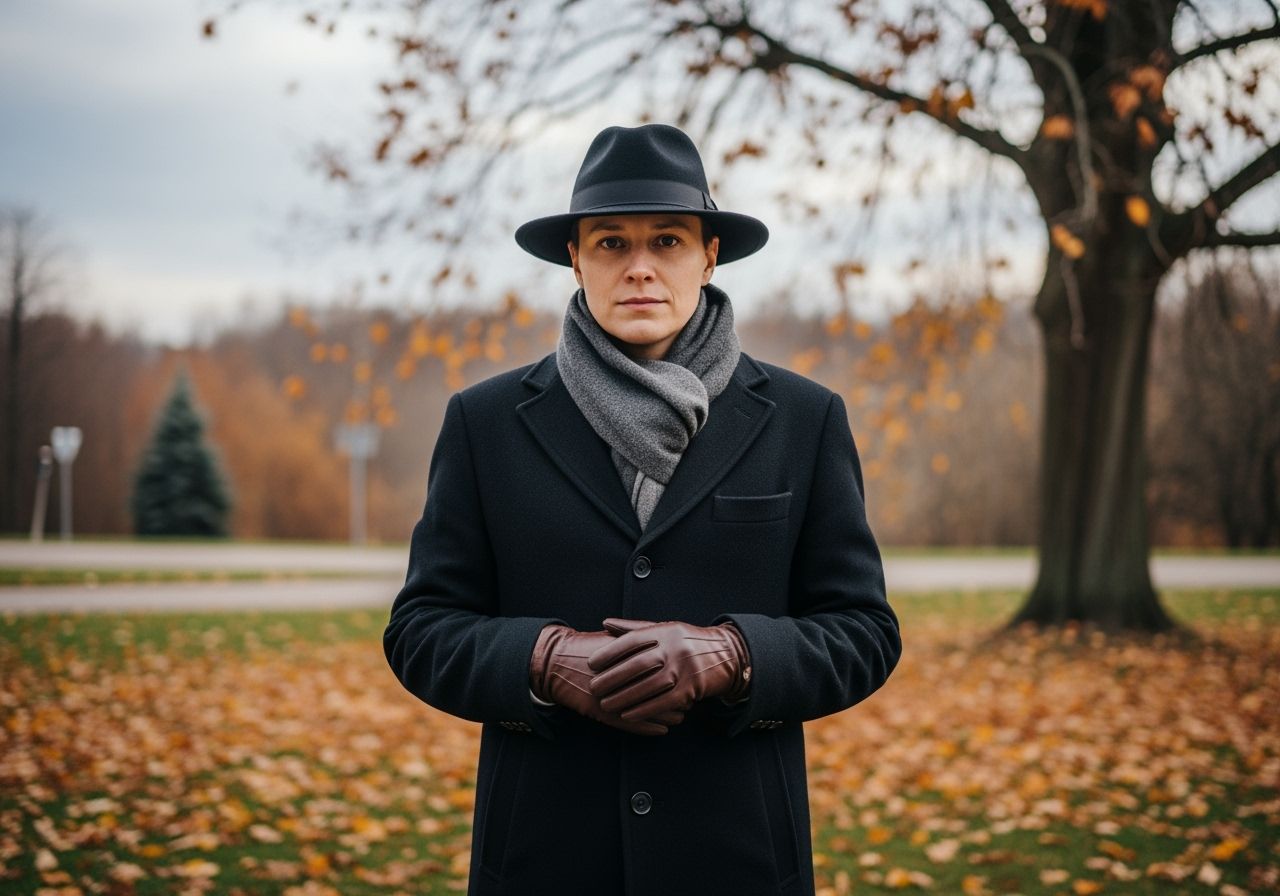 Osoba v tmavém kabátu a šále stojí mezi listy během Dušiček za zatažené oblohy.