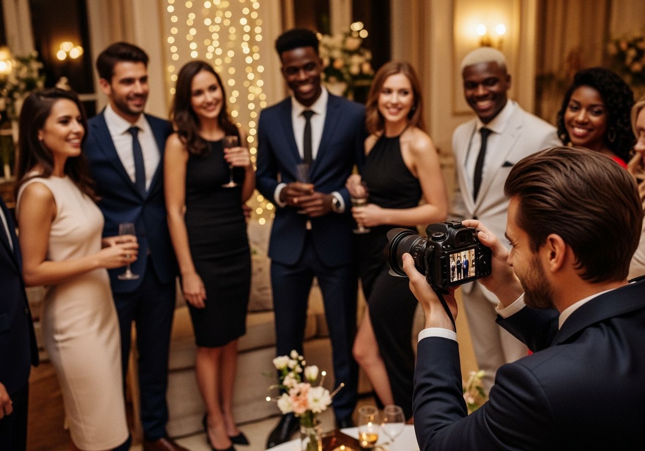 Skupina mladých profesionálů na firemní večírku, zachycena při smíchu a focení DSLR fotoaparátem.