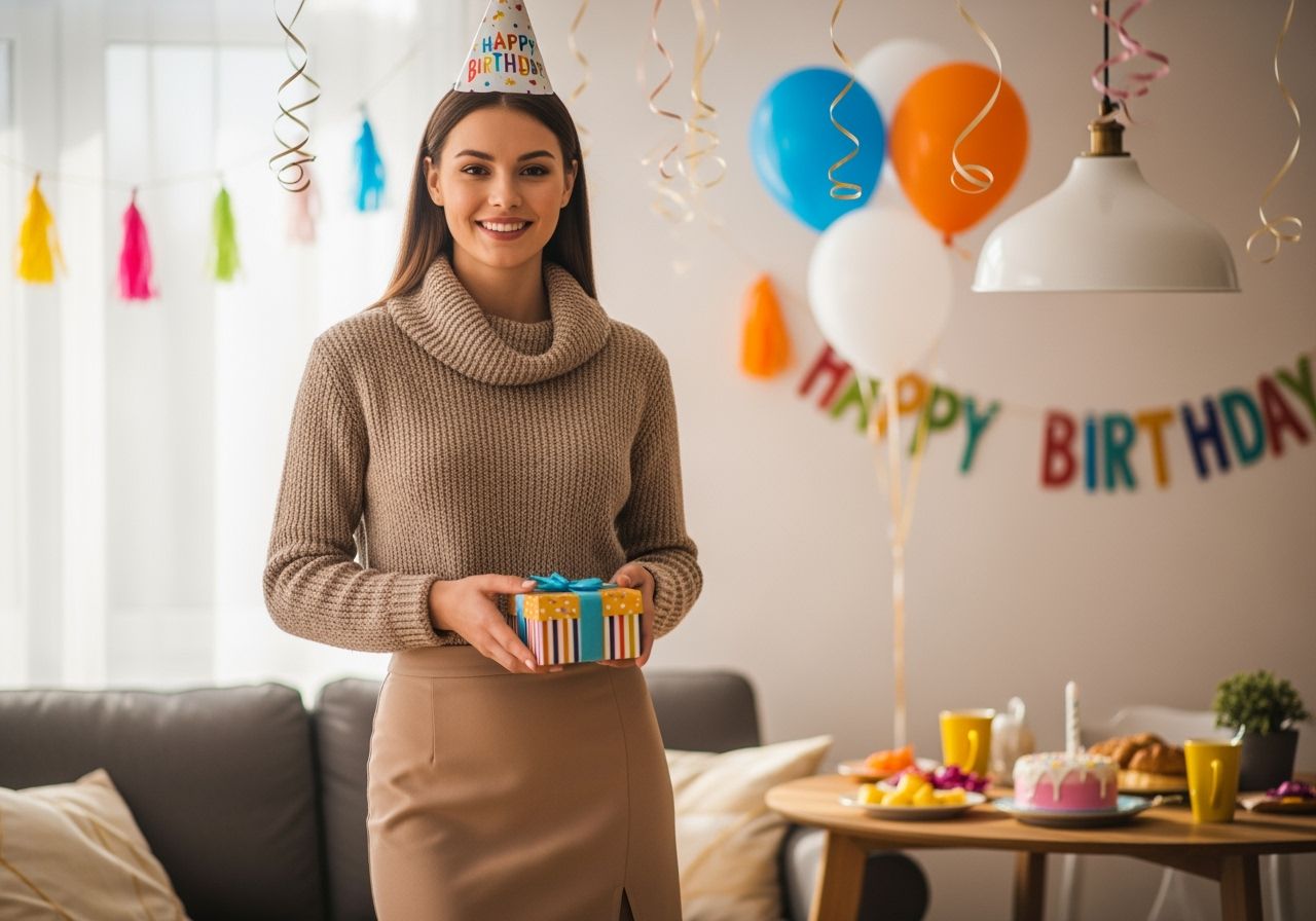 Mladá žena drží dárek v obýváku s narozeninovou výzdobou, světlo z okna, přátelská atmosféra