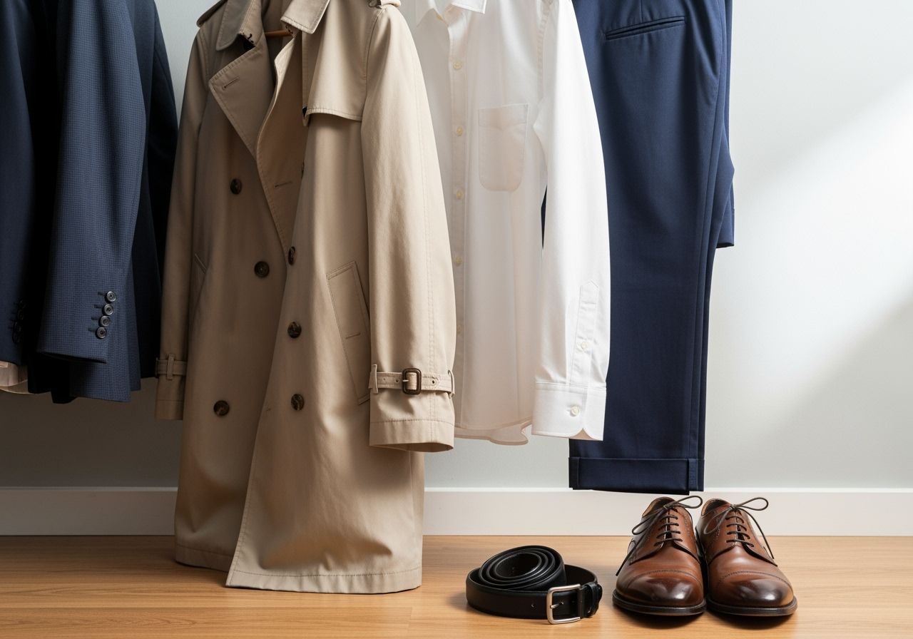 Klasická skříň s béžovým trenčkotem, bílou košilí, modrými kalhotami, černým opaskem a hnědými botami.