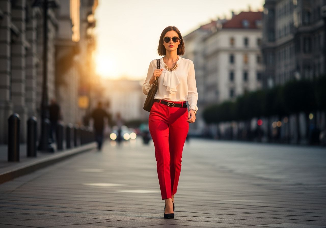Mladá žena v červených kalhotách a bílé blůze kráčí po rušné ulici za zlaté hodiny.