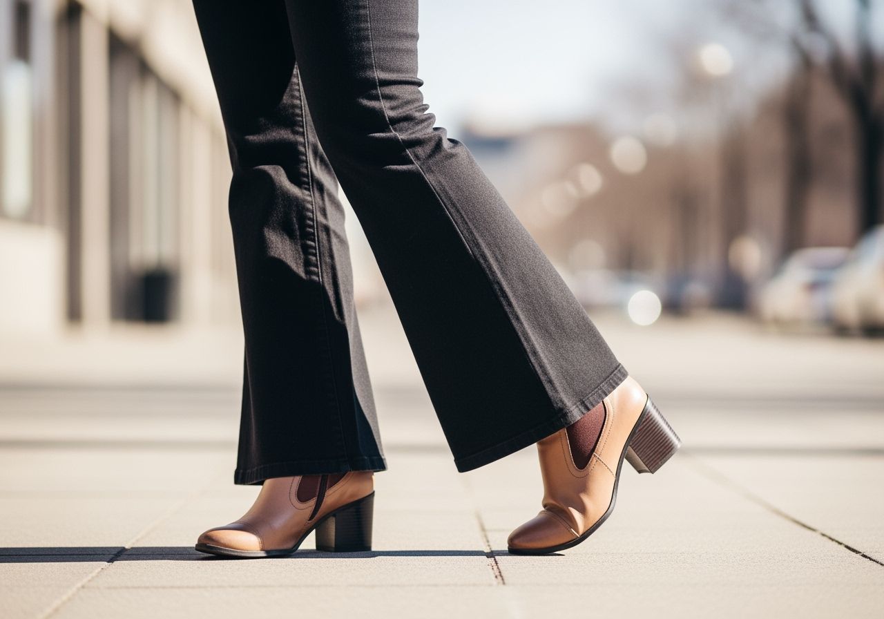 Stylové boty a rozšířené kalhoty na nohou ženy v městském prostředí za denního světla