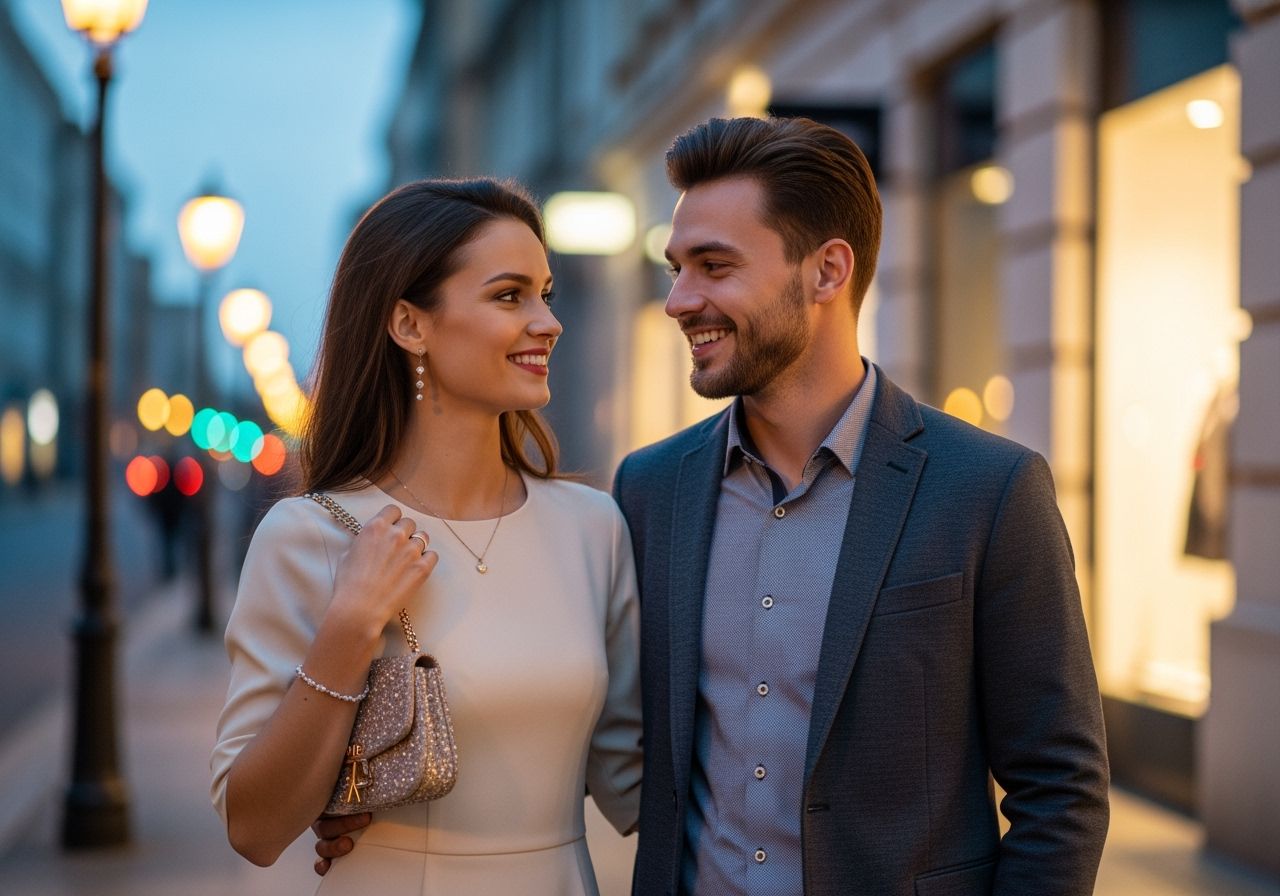 Mladý pár připravující se na večerní rande na osvětlené městské ulici.