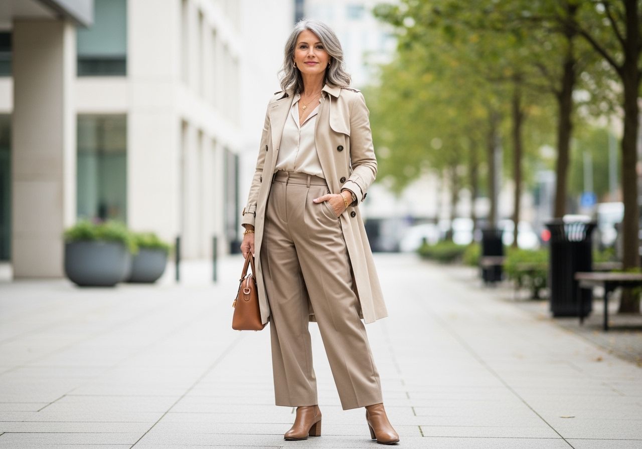 Stylová 50letá žena v béžovém trenčkotu stojí ve městě, drží koženou kabelku, přirozený vzhled.