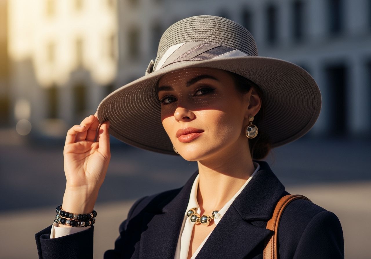 Stylová žena v klobouku s širokou krempou ve městě, přirozené světlo, detail textur látky a kůže