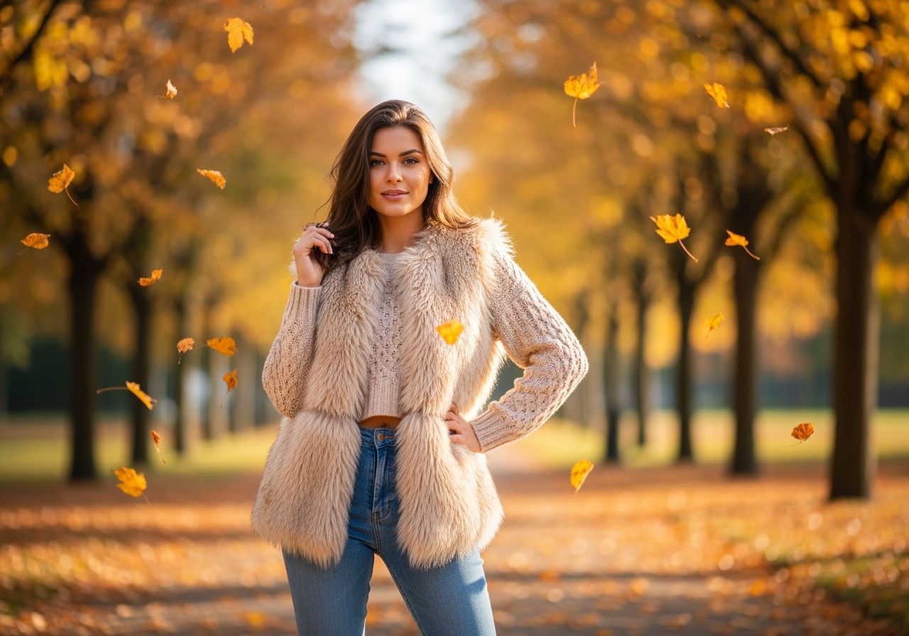 Mladá žena v béžové kožešinové vestě stojí v parku s podzimním listím a slunečním světlem.