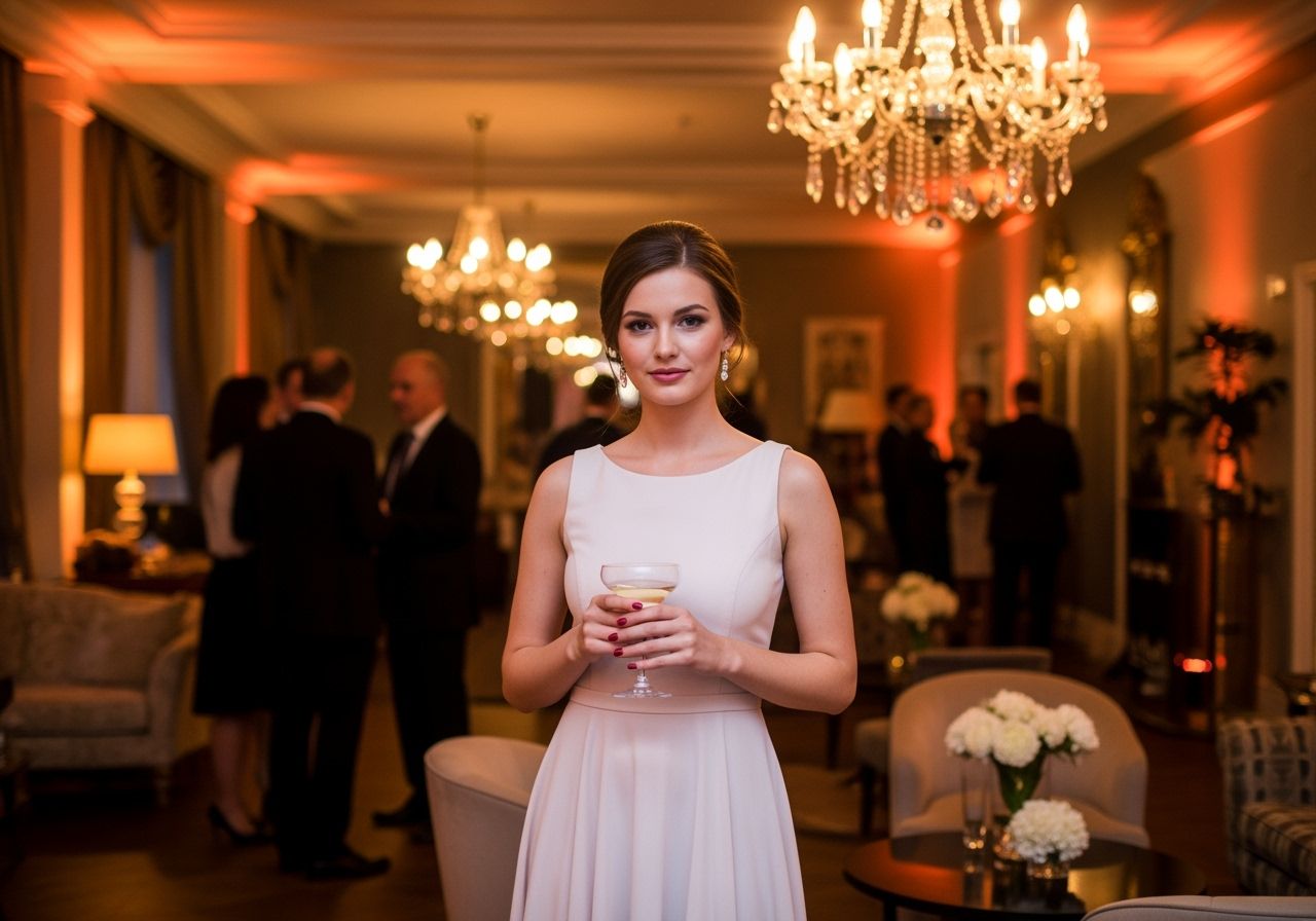 Mladá žena v elegantních šatech drží koktejl na slavnostní akci v luxusním prostředí s hosty v pozadí