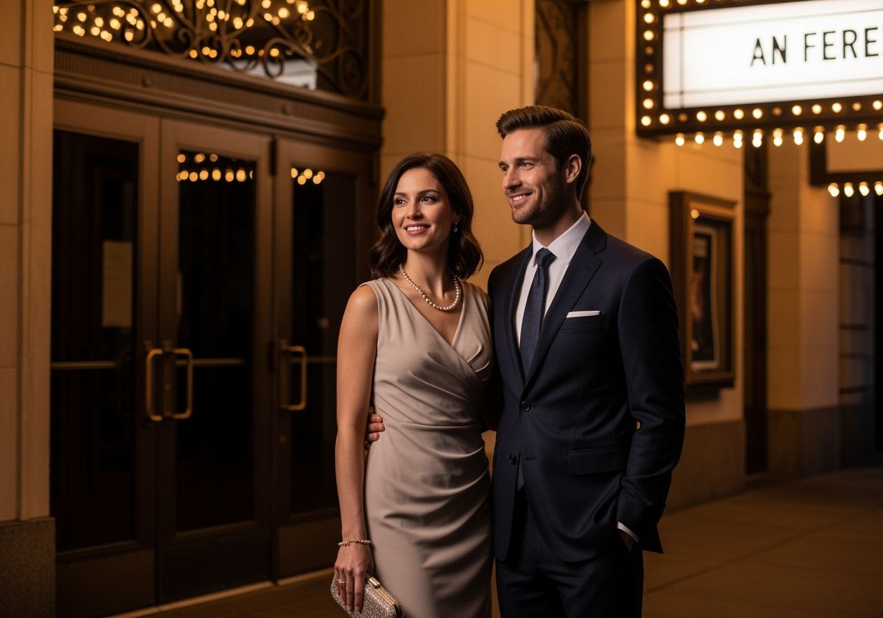 Stylově oblečený pár před vstupem do divadla večer s teplým osvětlením a přirozenými výrazy tváře