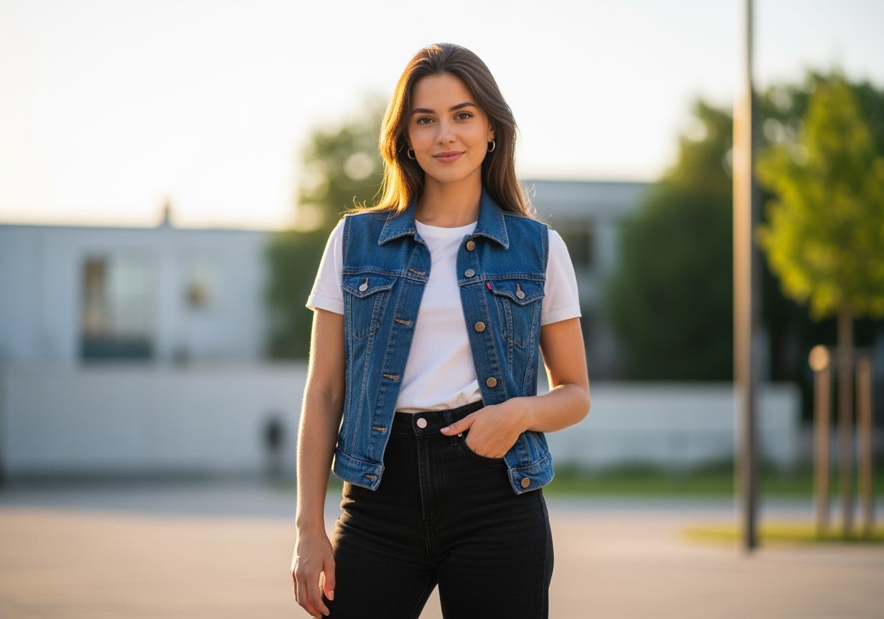 Mladá žena v modré džínové vestě a černých džínách stojí venku při zlaté hodině s lehkým úsměvem.