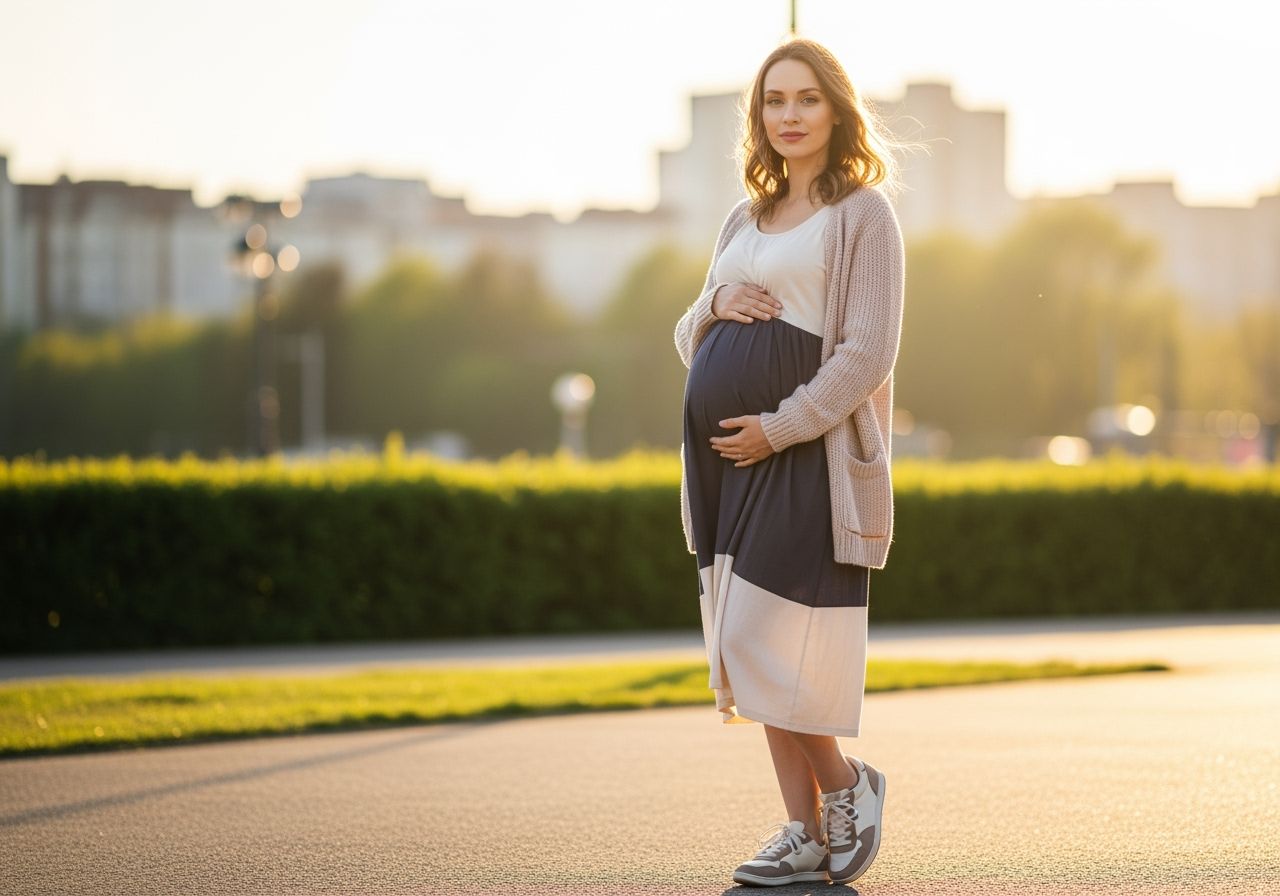 Těhotná žena v městském parku během zlaté hodiny, držící břicho, oblečená v pohodlném oblečení