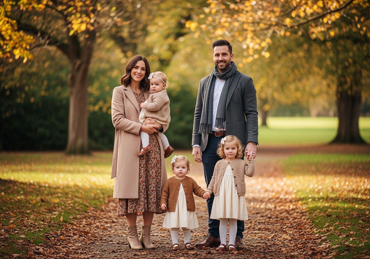 Rodina na podzimním portrétu venku, rodiče a dvě děti v oblecích na křest mezi barevným listím.