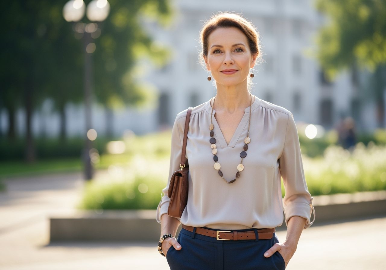 Elegantní žena středního věku stojí venku v parku v moderním a pohodlném oblečení