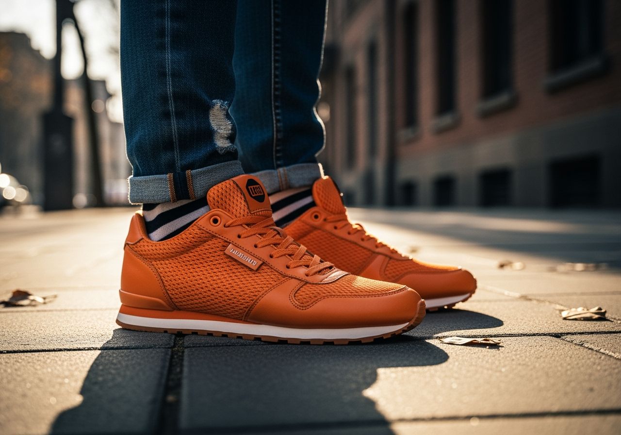 Stylové oranžové tenisky na šedém městském chodníku s částečně viditelným outfitem.