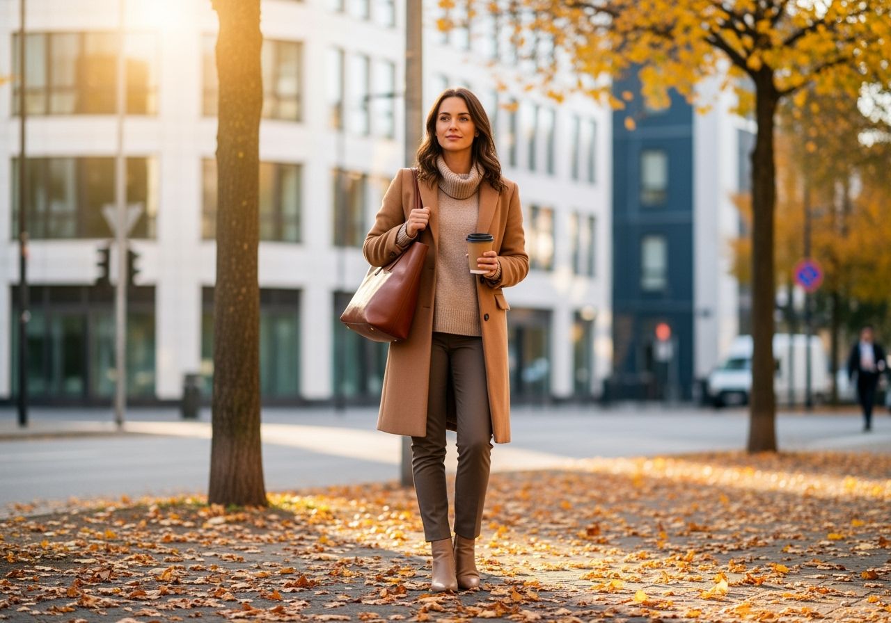 Mladá žena v podzimním oděvu s kávou a koženou taškou na ulici s městskými budovami v pozadí