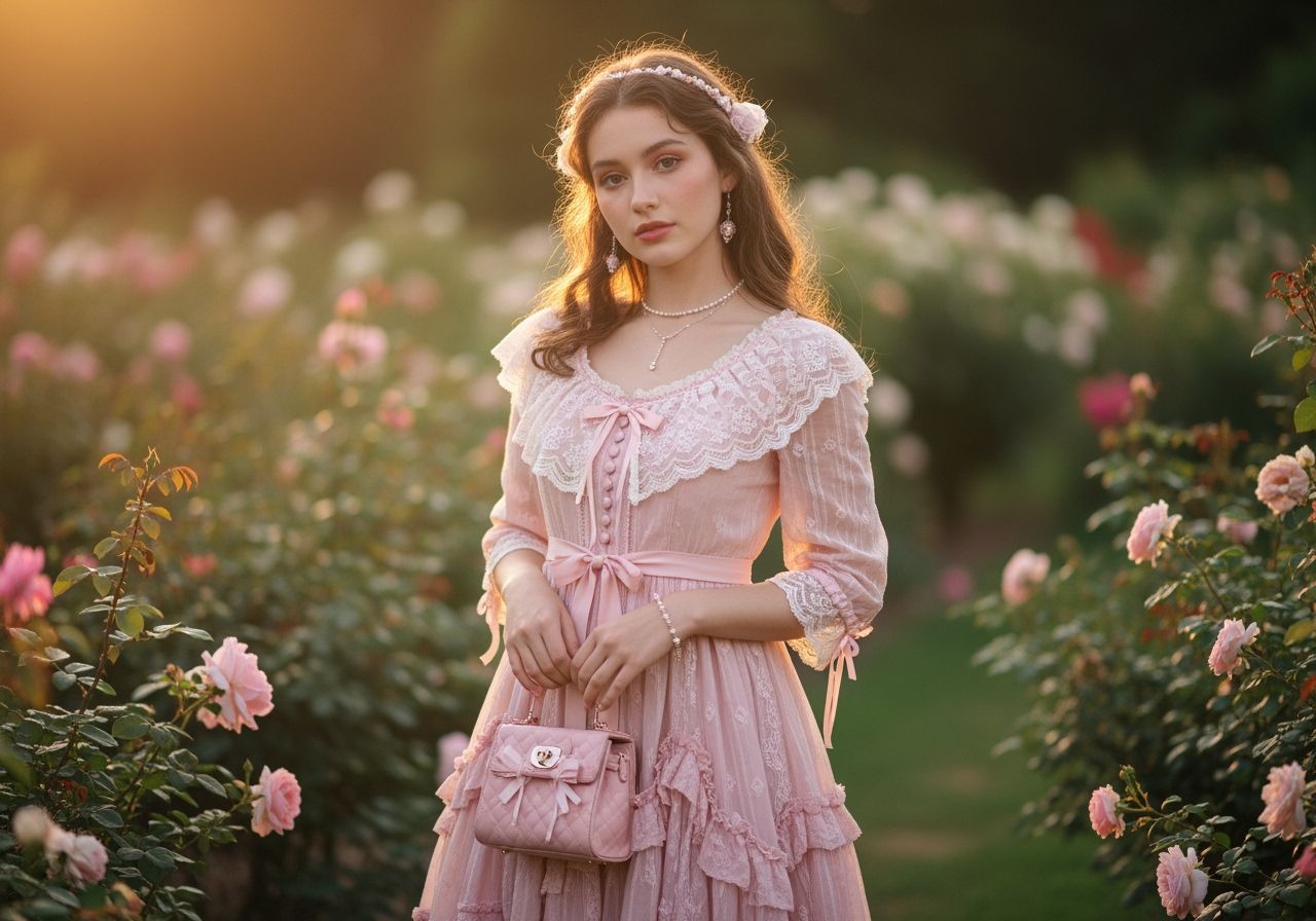 Mladá žena v růžových šatech stojí v zahradě u růží při zlaté hodině, obklopená zelení.