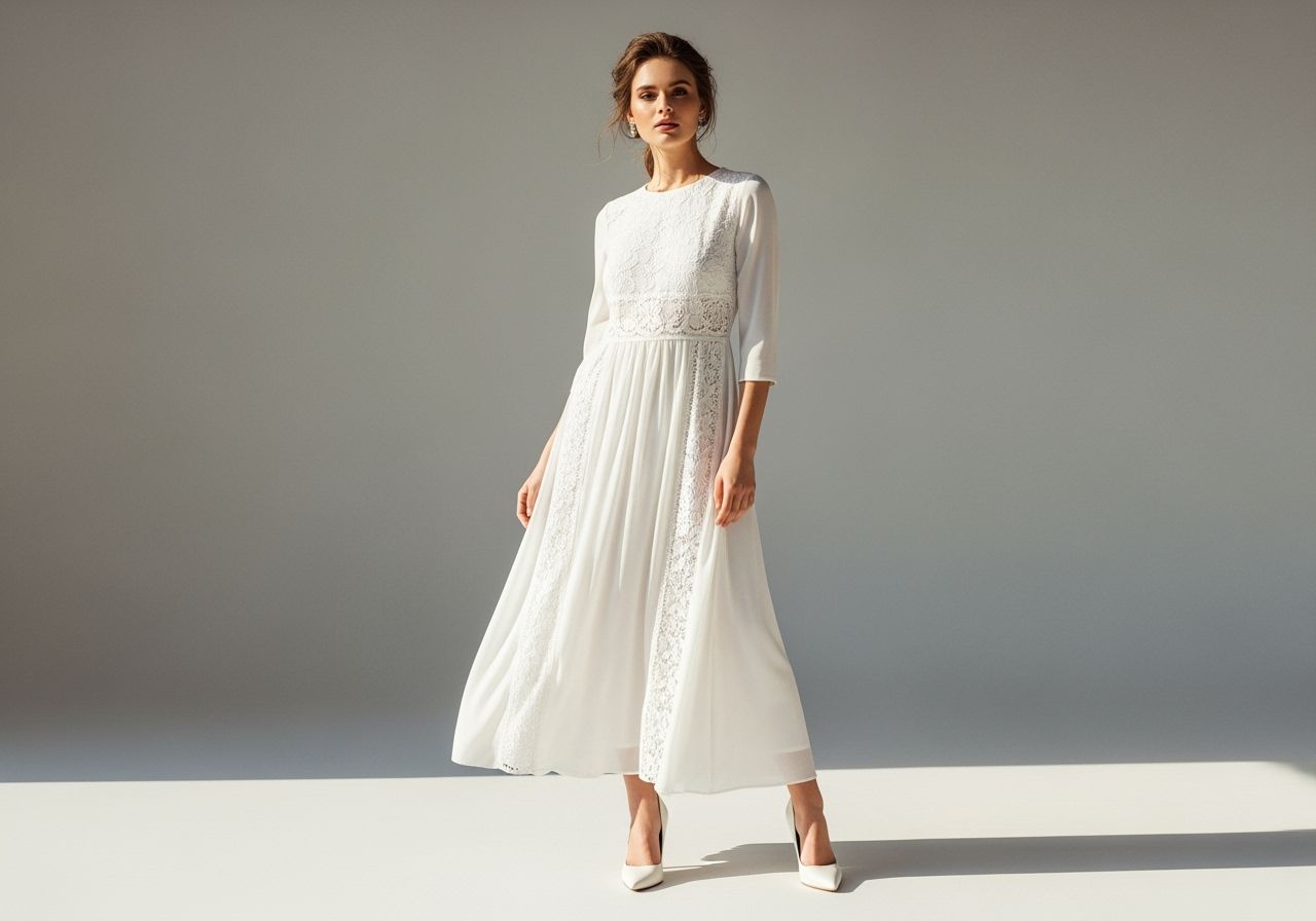 Stylová žena v bílých šatech a lodičkách pózuje na neutrálním pozadí ve světle denního světla