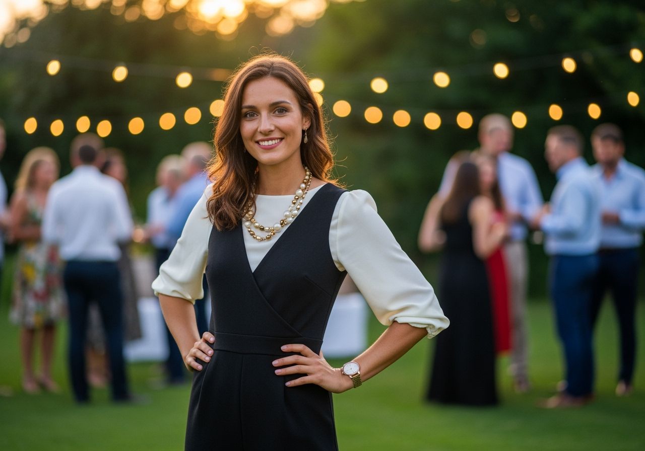 Mladá žena v elegantním oblečení na přátelské zahradní oslavě ve zlaté hodině světla