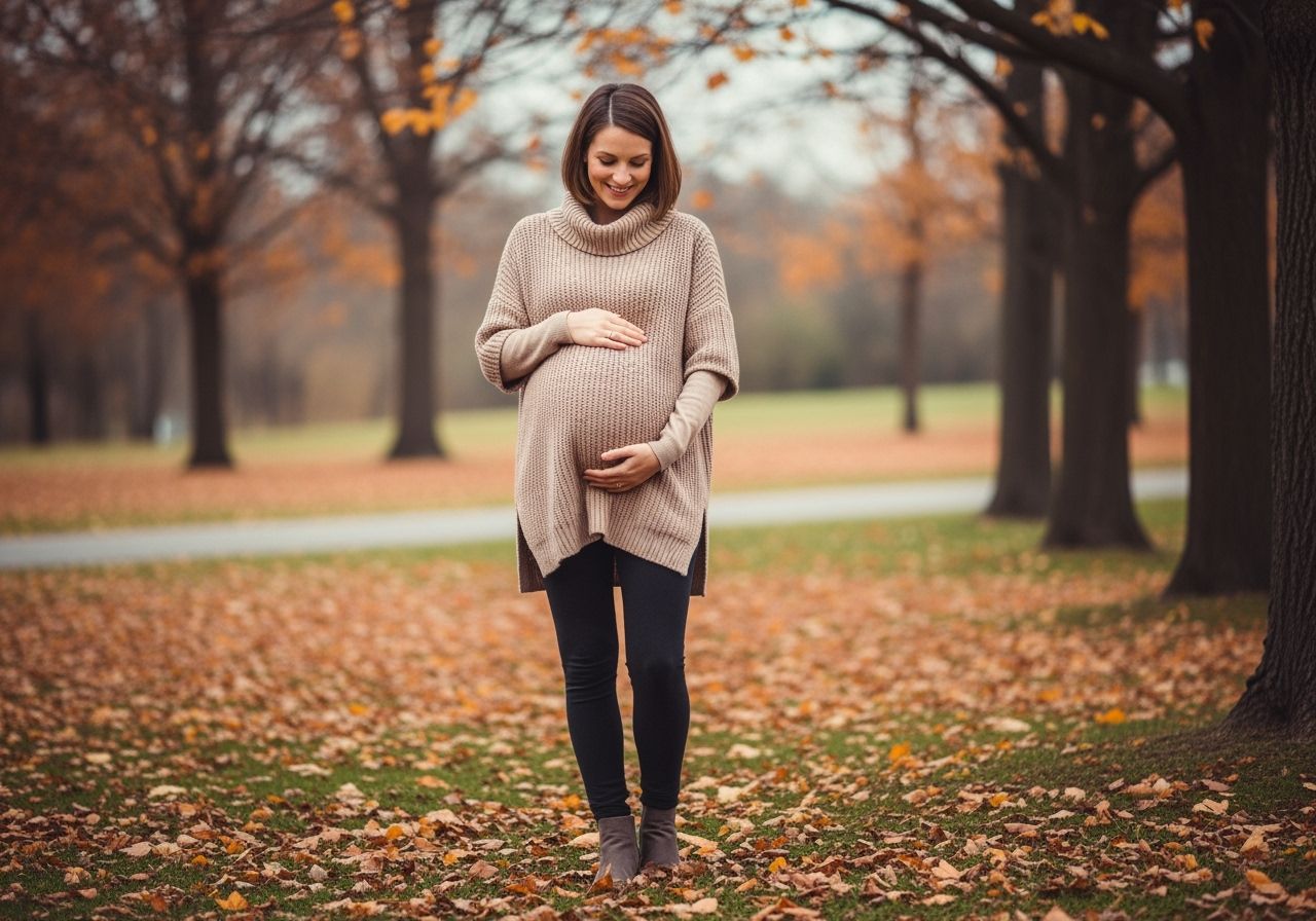 Těhotná žena v podzimním svetru drží břicho venku mezi spadlými listy a holými stromy