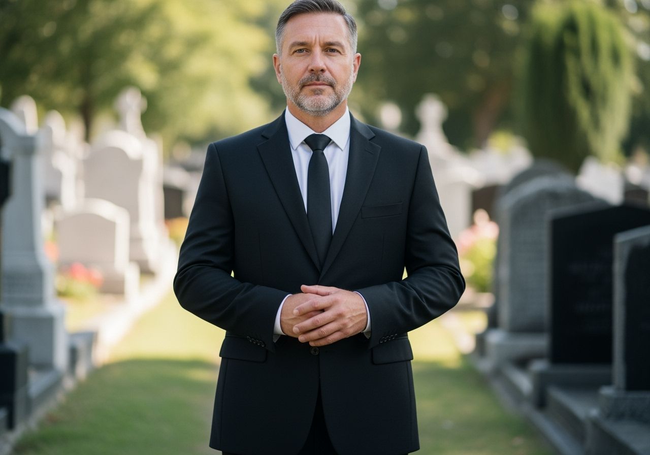 Muž v černém obleku stojí u hrobu na hřbitově za denního světla.
