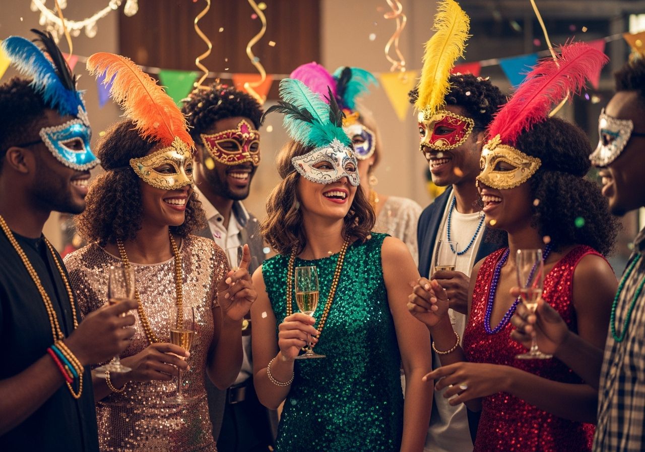 Skupina lidí v barevných kostýmech a maskách na karnevalové oslavě v teplém interiéru.
