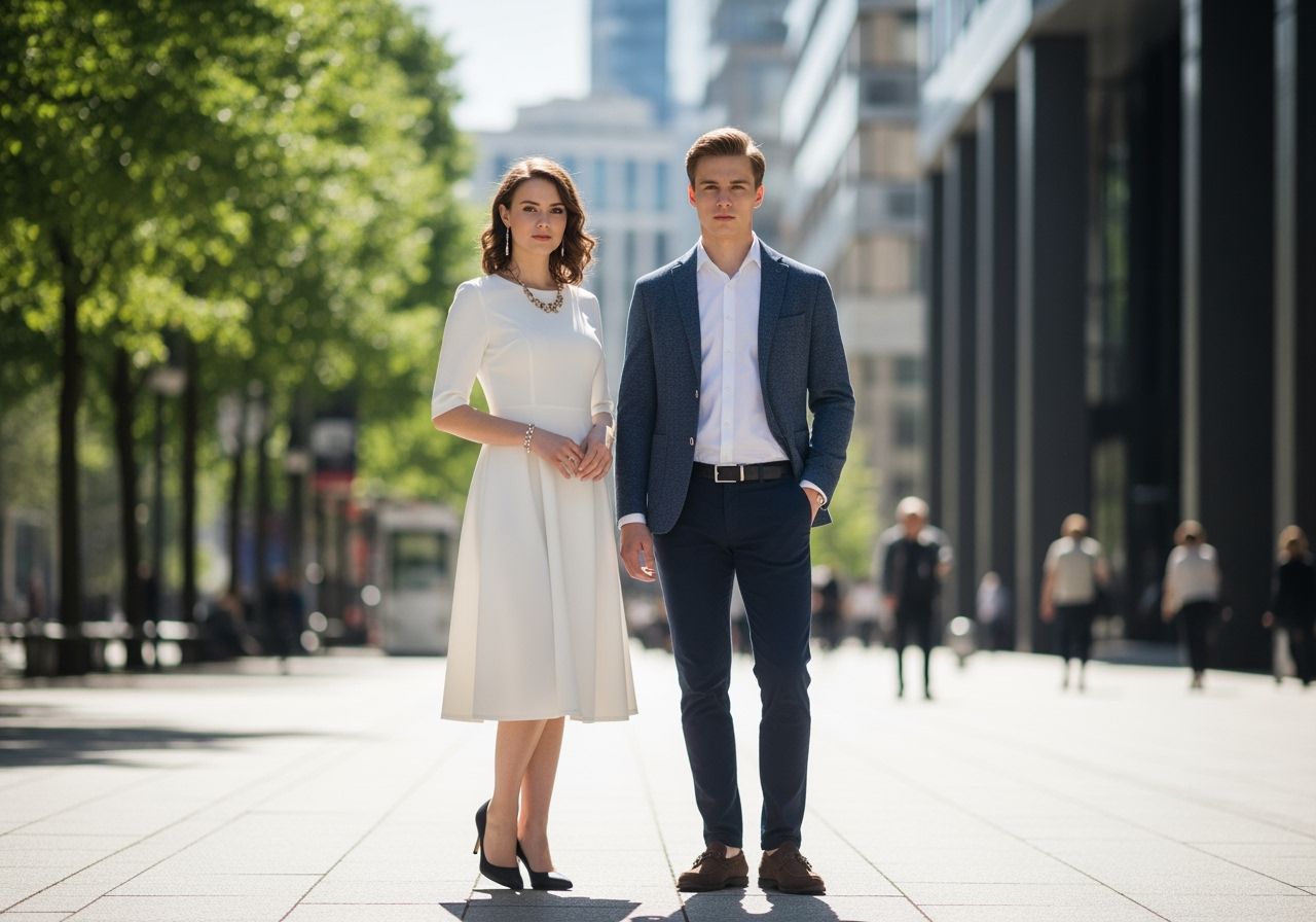 Mladý pár v městském prostředí, žena ve šatech na speciální událost, muž v neformálním oblečení.