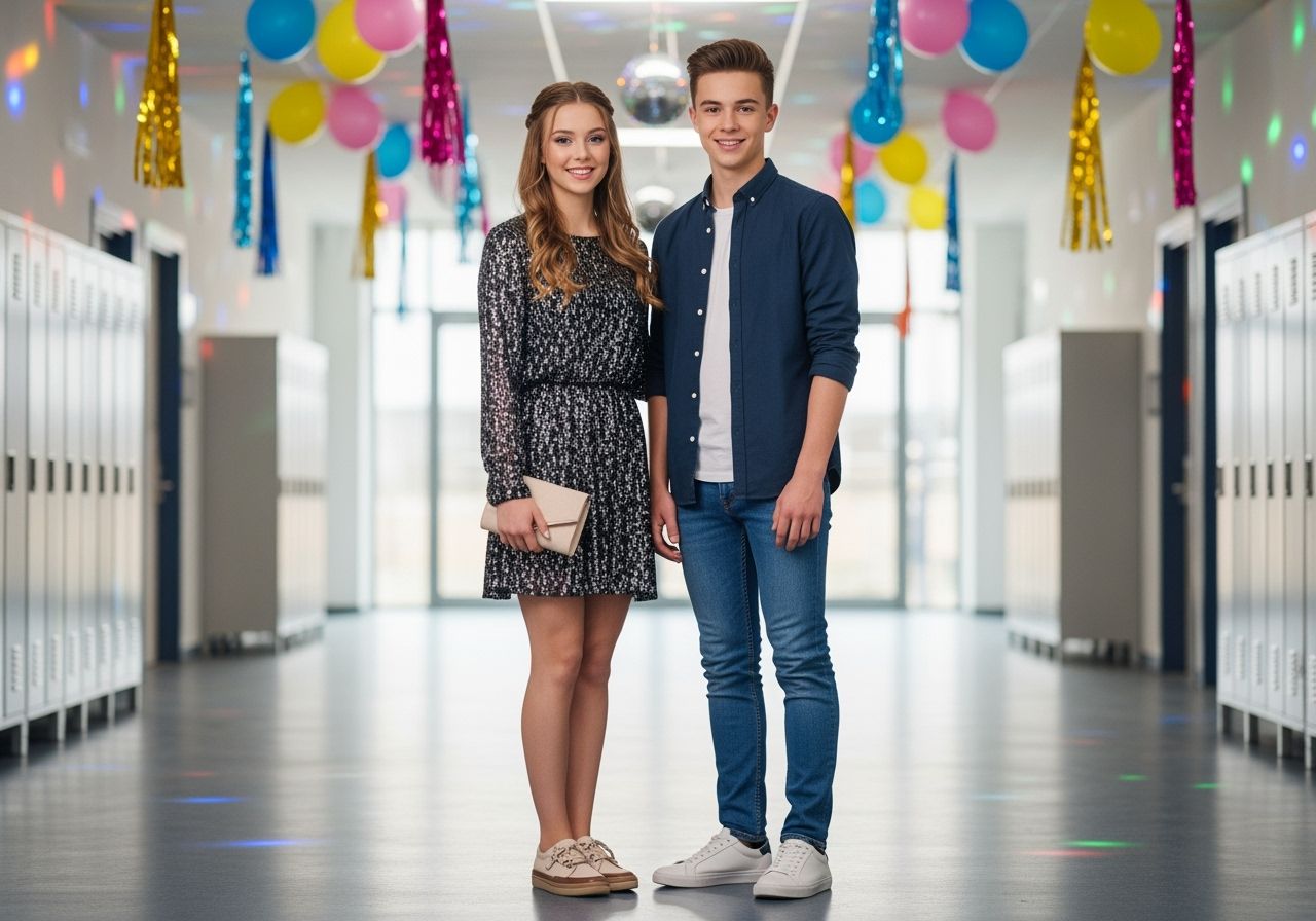 Teenage dívka a chlapec stojí v osvětlené školní chodbě na školním diskotéce s balónky a světly