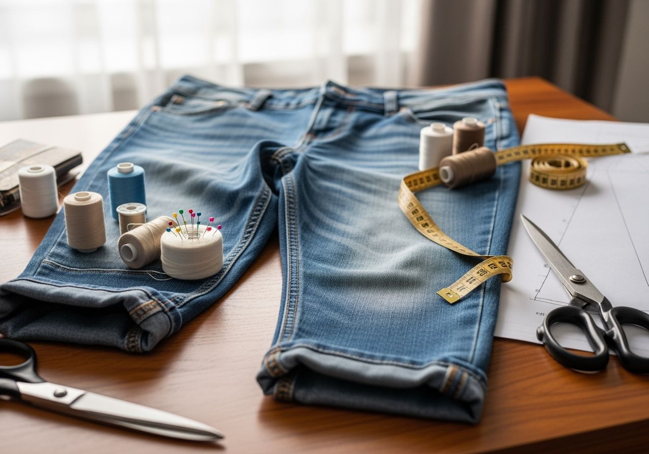 Closeup stylových boyfriend jeans na stole se šicími potřebami a metrem v kreativním ateliéru