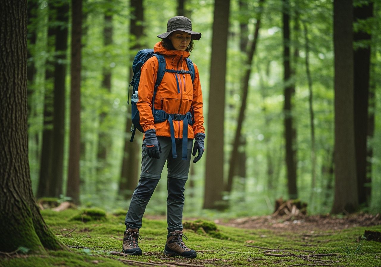 Osoba v turistickém oblečení s batohem stojí v lese na mechem pokrytém terénu mezi stromy.