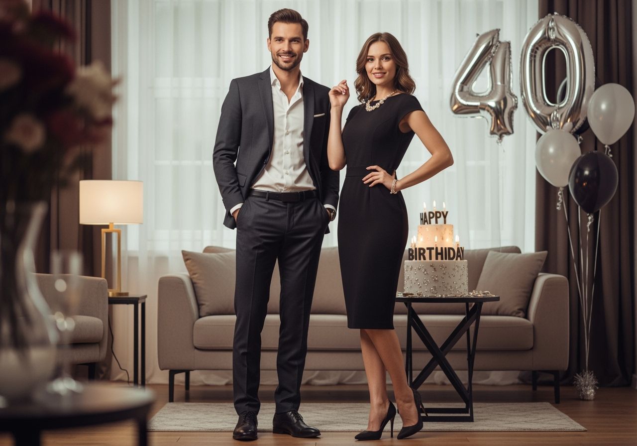 Elegantní pár slaví 40. narozeniny v moderním obýváku, oblečeni formálně, s veselými výrazy.