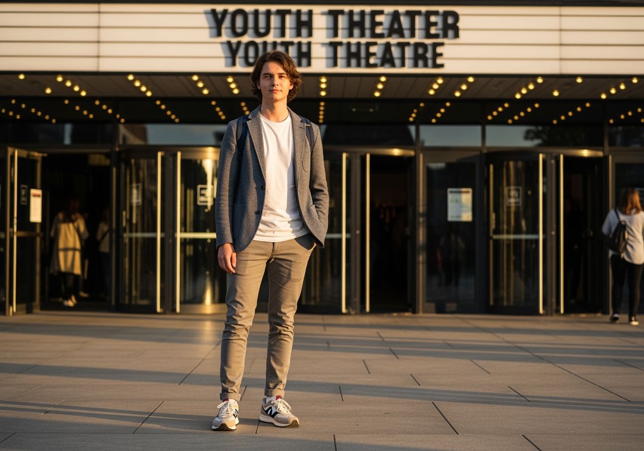 Mladý dospělý před moderním divadlem v pohodlném oblečení připravený na divadelní večer