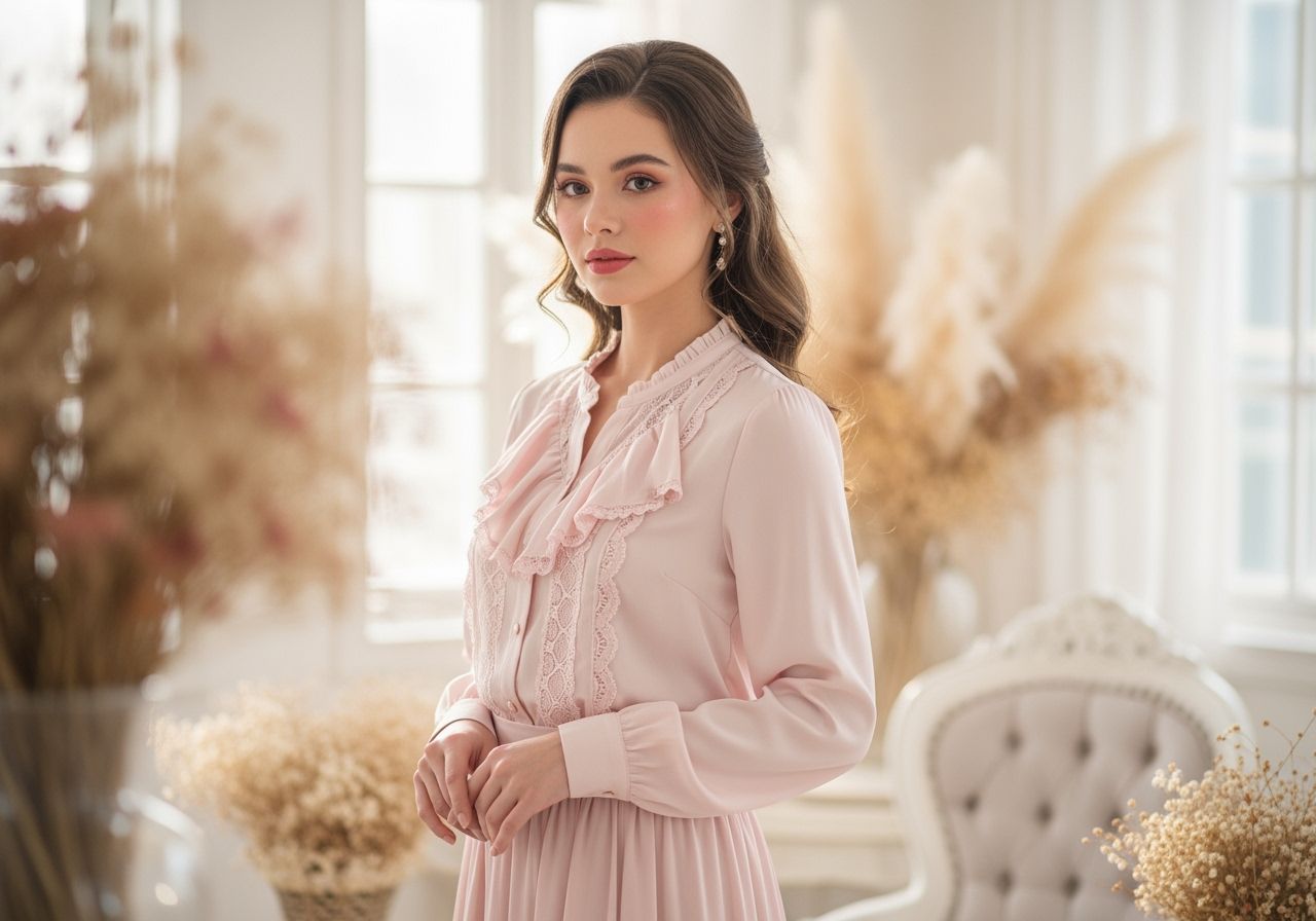 Mladá žena v růžové hedvábné blůze a sukni stojí v jemném přirozeném světle v světlém interiéru.