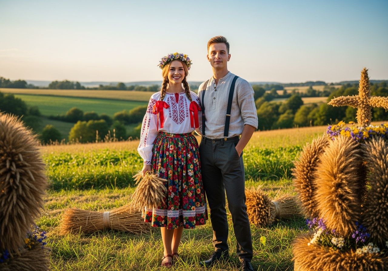Mladá žena v tradičním dožínkovém oděvu a muž v rustikálním oblečení u sklizeného obilí na venkově