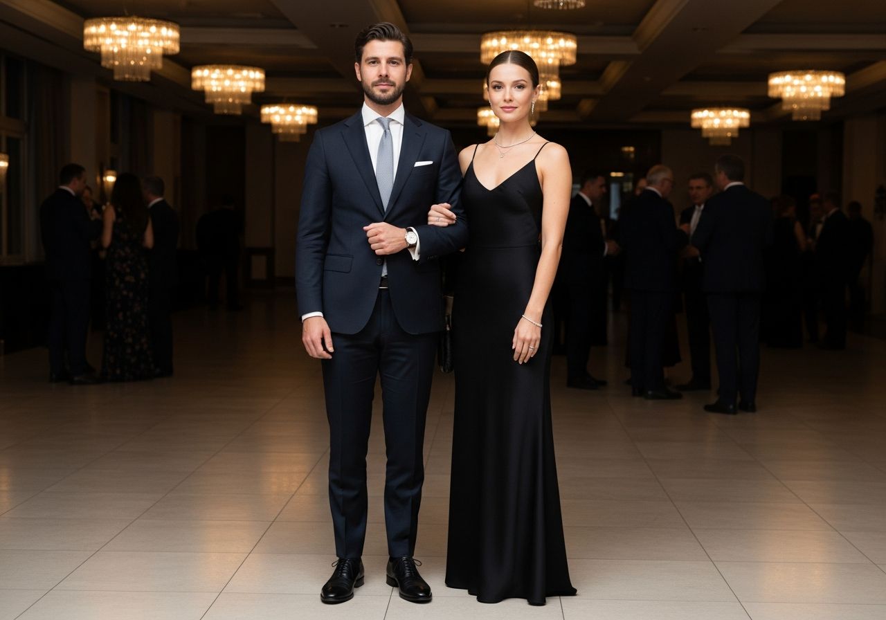 Muž v tmavém obleku a žena v černých šatech stojí vedle sebe na společenské události.