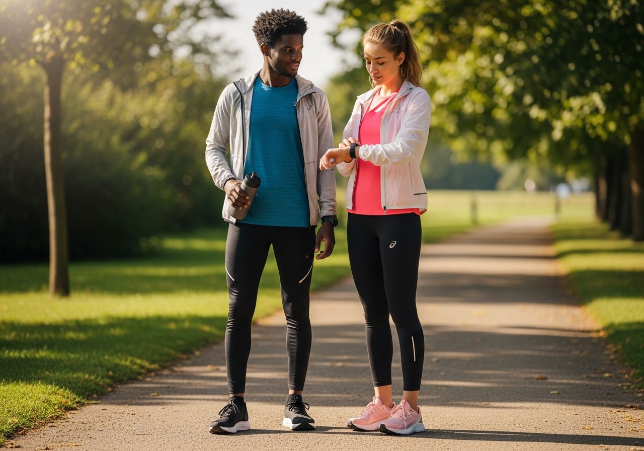 Mladý muž a žena v běžeckém oblečení připraveni běžet venku v parku za slunečného dne.