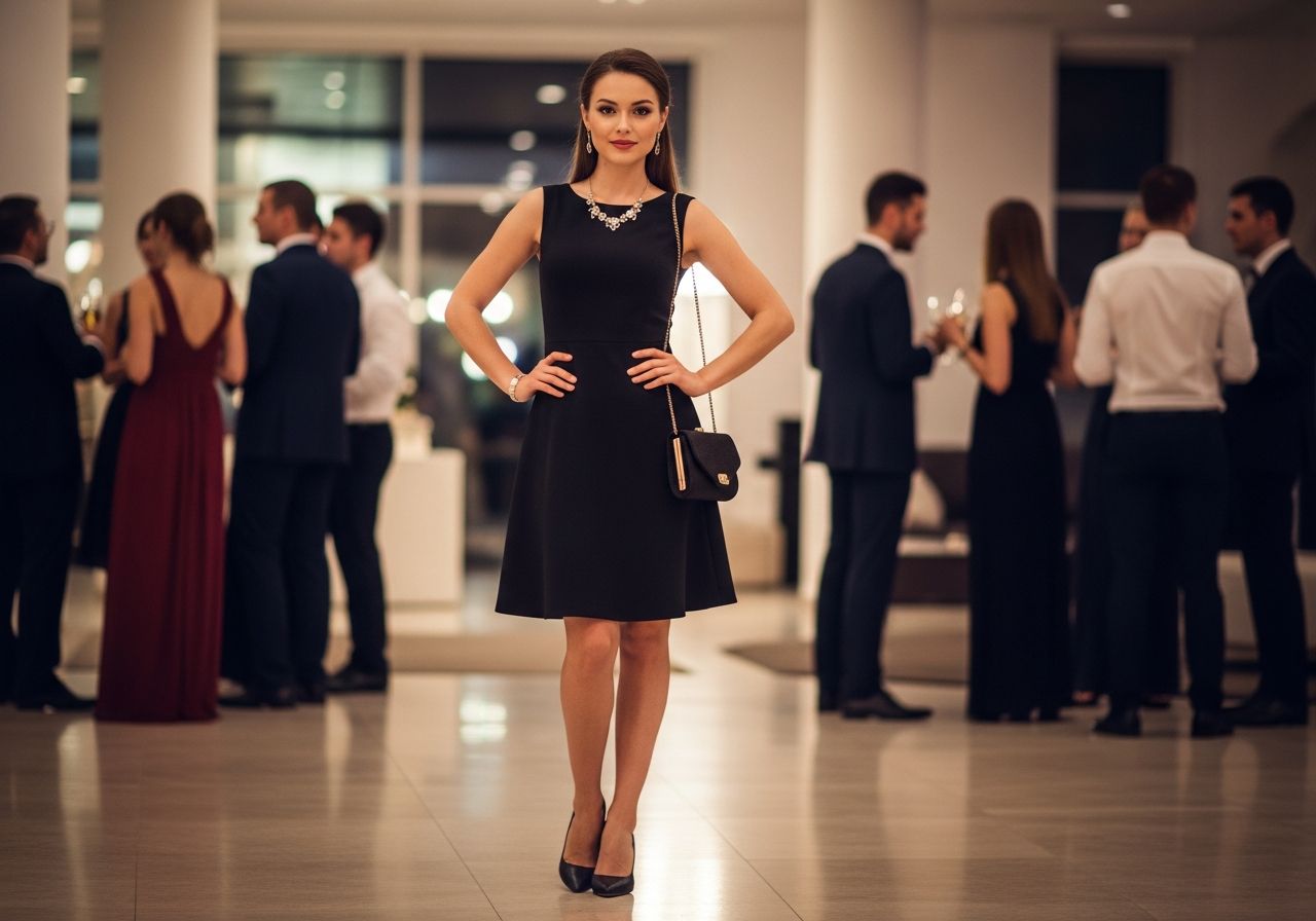 Mladá žena v černých šatech na večírku s ostatními hosty v pozadí.