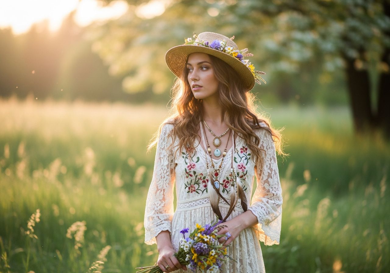 Mladá žena v krajkových šatech a klobouku s květinami stojí na louce za zlaté hodiny.