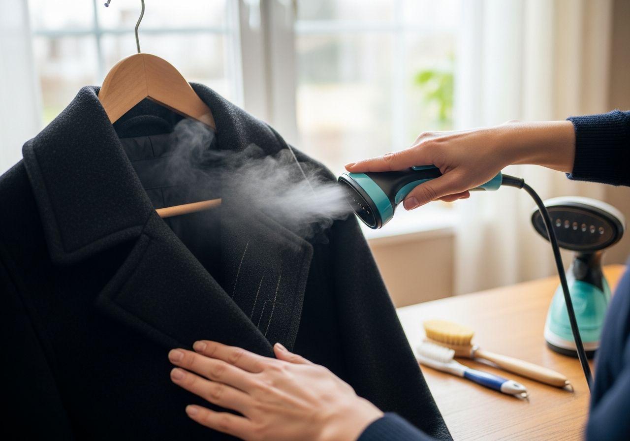 Ruční osvěžení tmavého vlněného zimního kabátu parním čističem u okna v teplém domově.