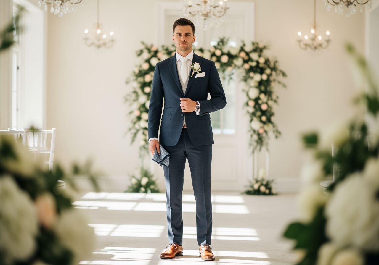 Muž v tmavě modrém obleku stojí v elegantní svatební hale s květinami a lustry v pozadí