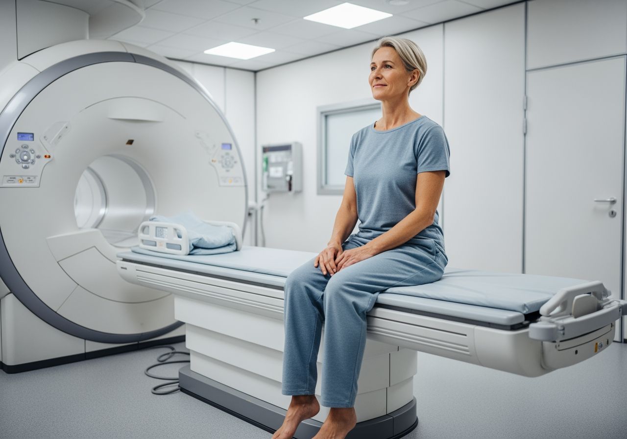 Středně starý pacient sedí na vyšetřovacím lůžku v místnosti s MRI přístrojem na kolenní vyšetření