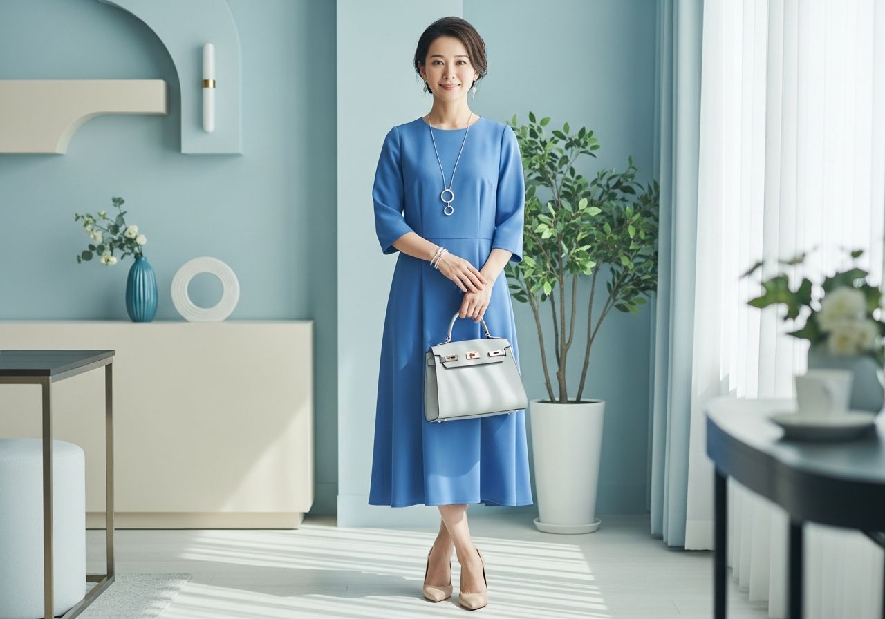 Žena v modrých šatech s šedou kabelkou a stříbrnými šperky v elegantním modro-béžovém interiéru
