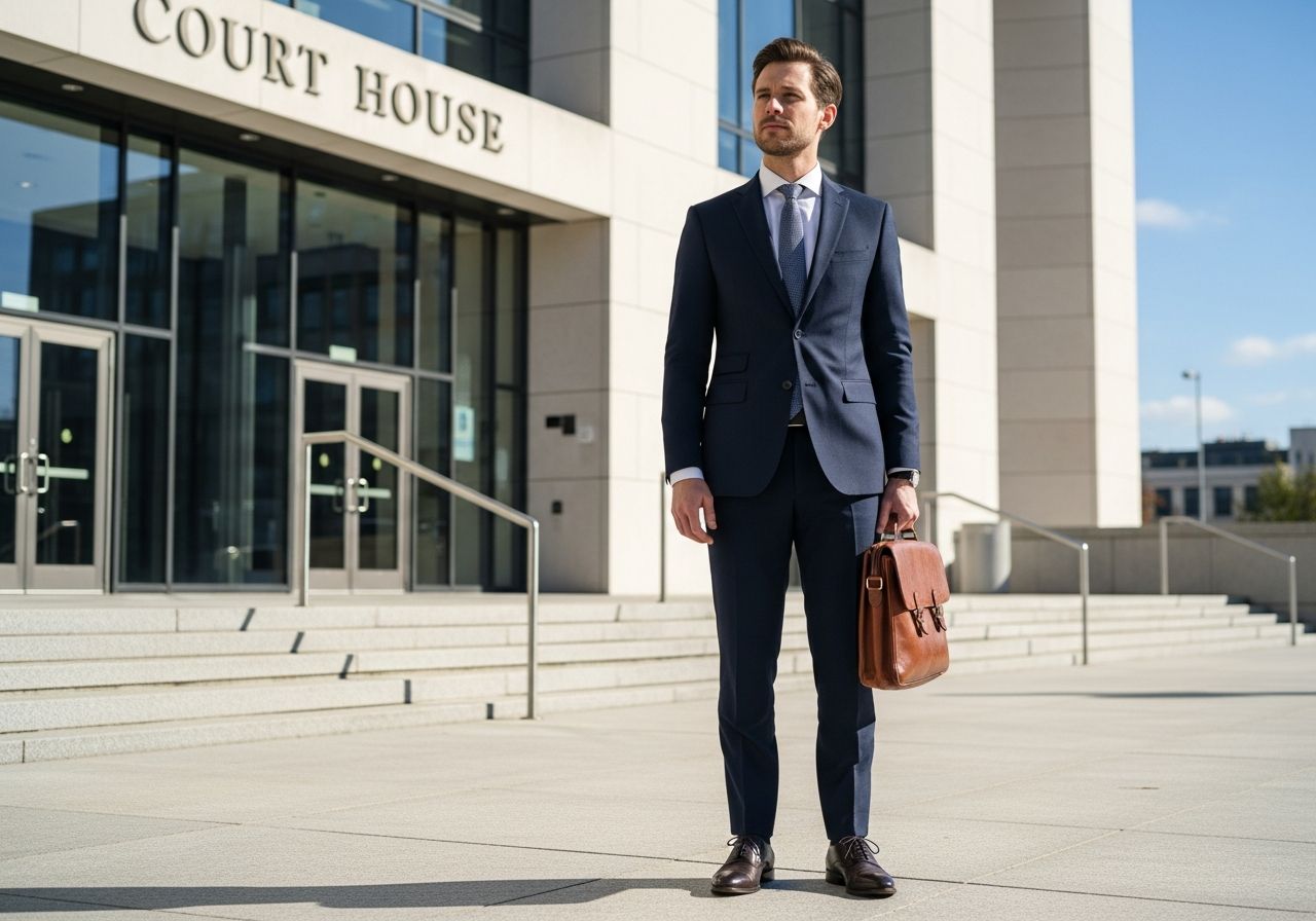 Muž v obleku stojí před moderním soudem s koženou aktovkou za jasného dne