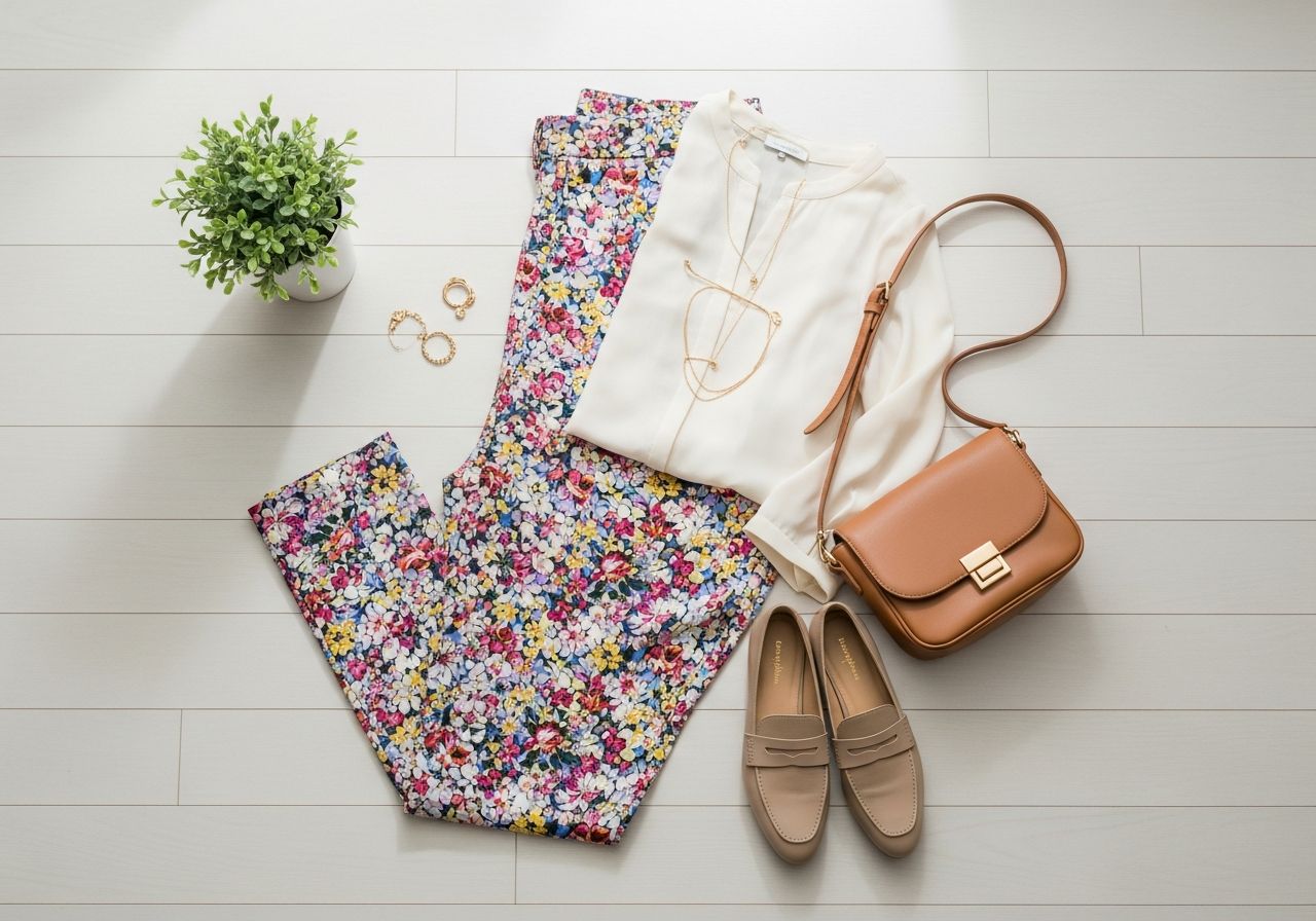 Květinové kalhoty, krémová halenka, béžové mokasíny, hnědá taška, zlaté šperky a rostlina na dřevěné podlaze