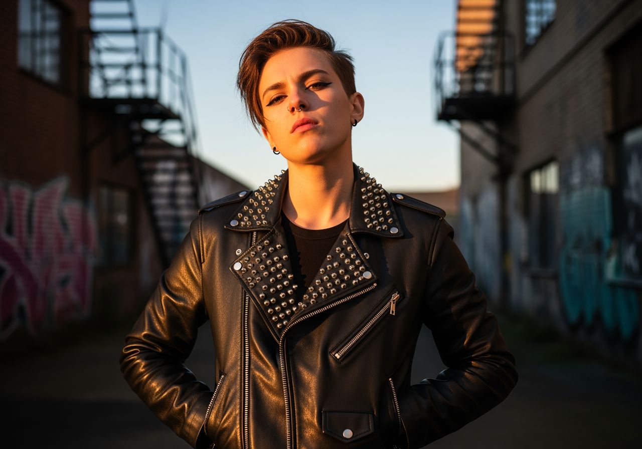 Mladá osoba v černé kožené bundě stojí ve městě během zlaté hodiny s graffiti na pozadí.