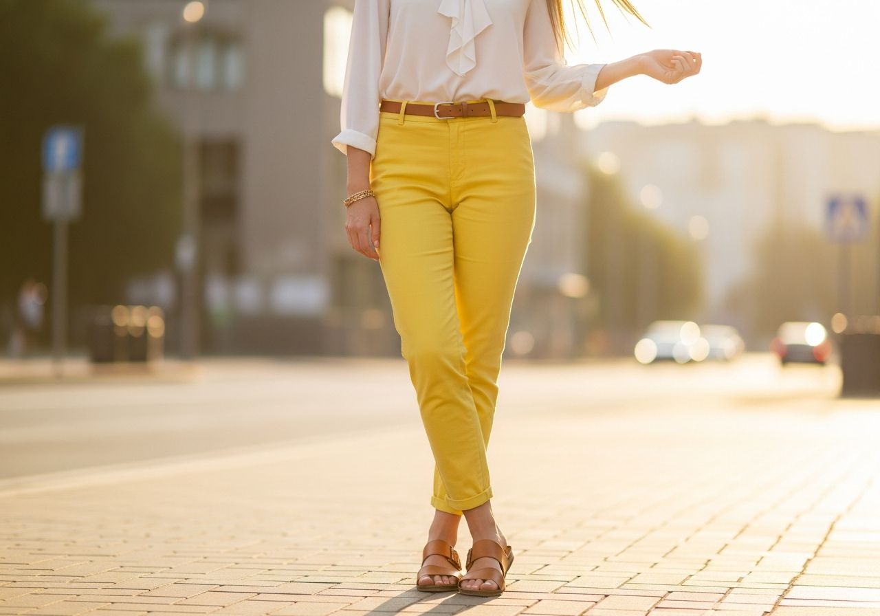 Mladá žena v žlutých kalhotách a bílé blůze stojí na městské ulici za zlaté hodiny.