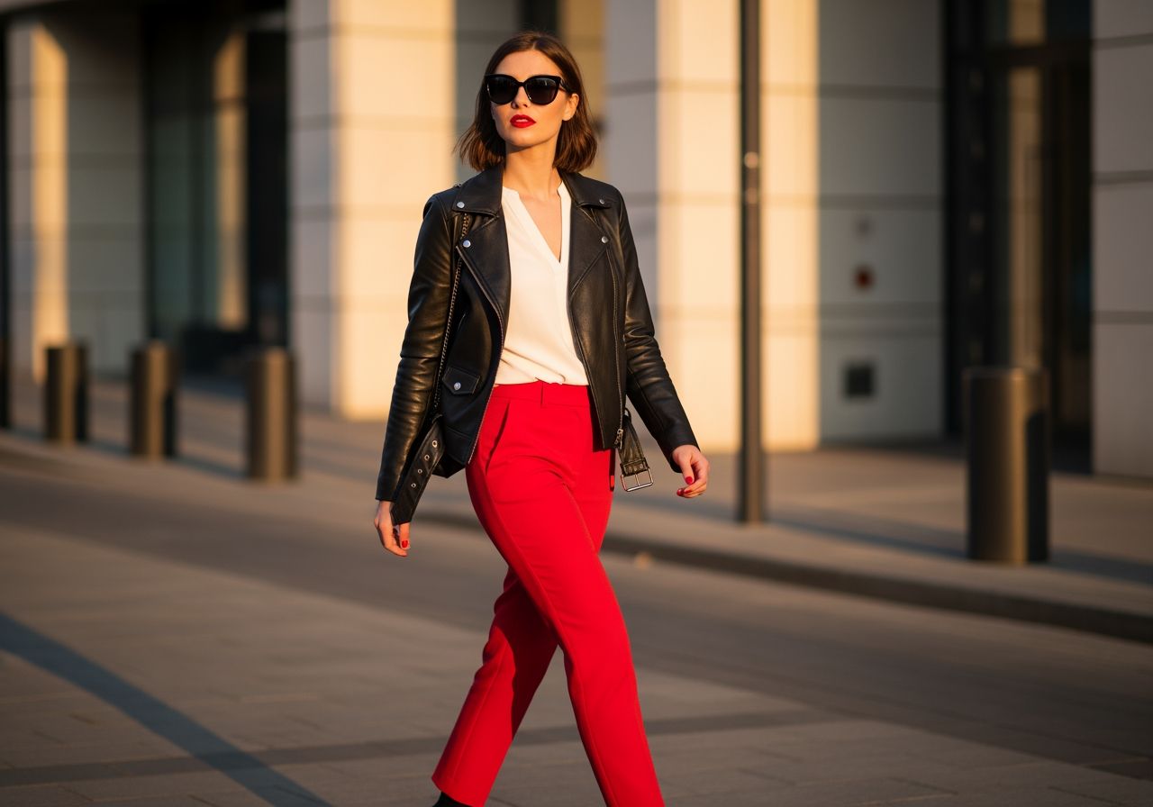 Mladá žena v červených kalhotách a černé bundě kráčí po městě za zlaté hodiny
