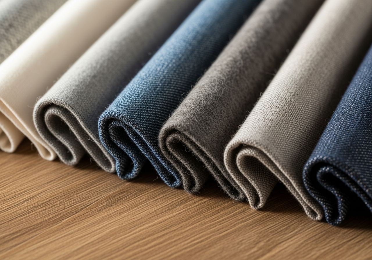 Detailní fotografie různých textilií jako bavlna, len, vlna, hedvábí, denim a polyester na dřevěném stole