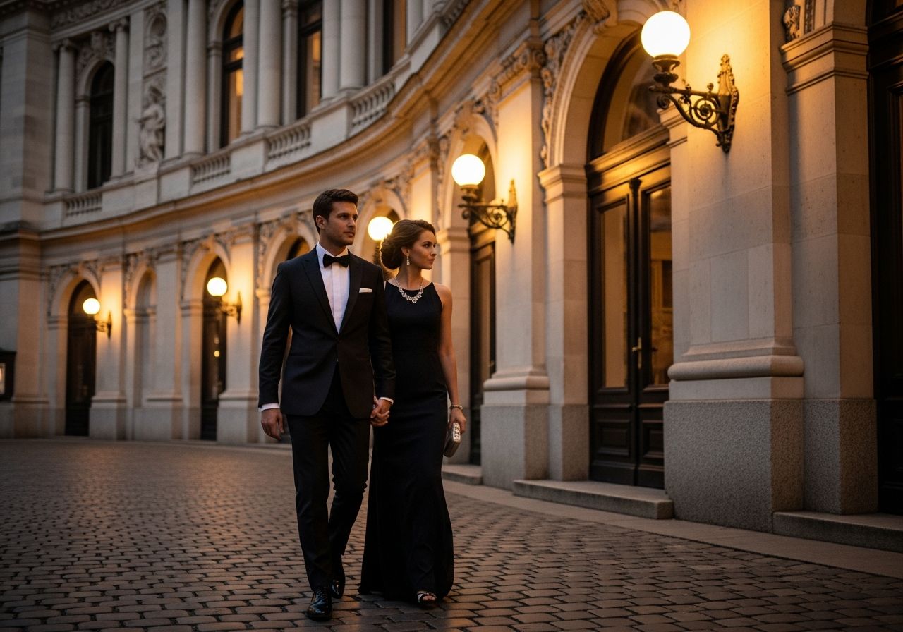 Stylový pár přichází k hlavnímu vchodu evropské filharmonie večer s neoklasicistní architekturou.