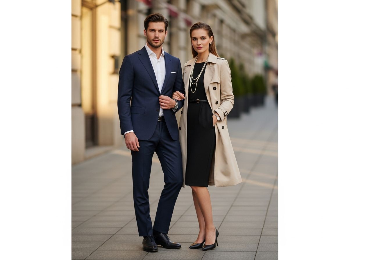 Muž v tmavém obleku a žena v béžovém trenčkotě stojí na elegantní městské ulici za zlaté hodiny.