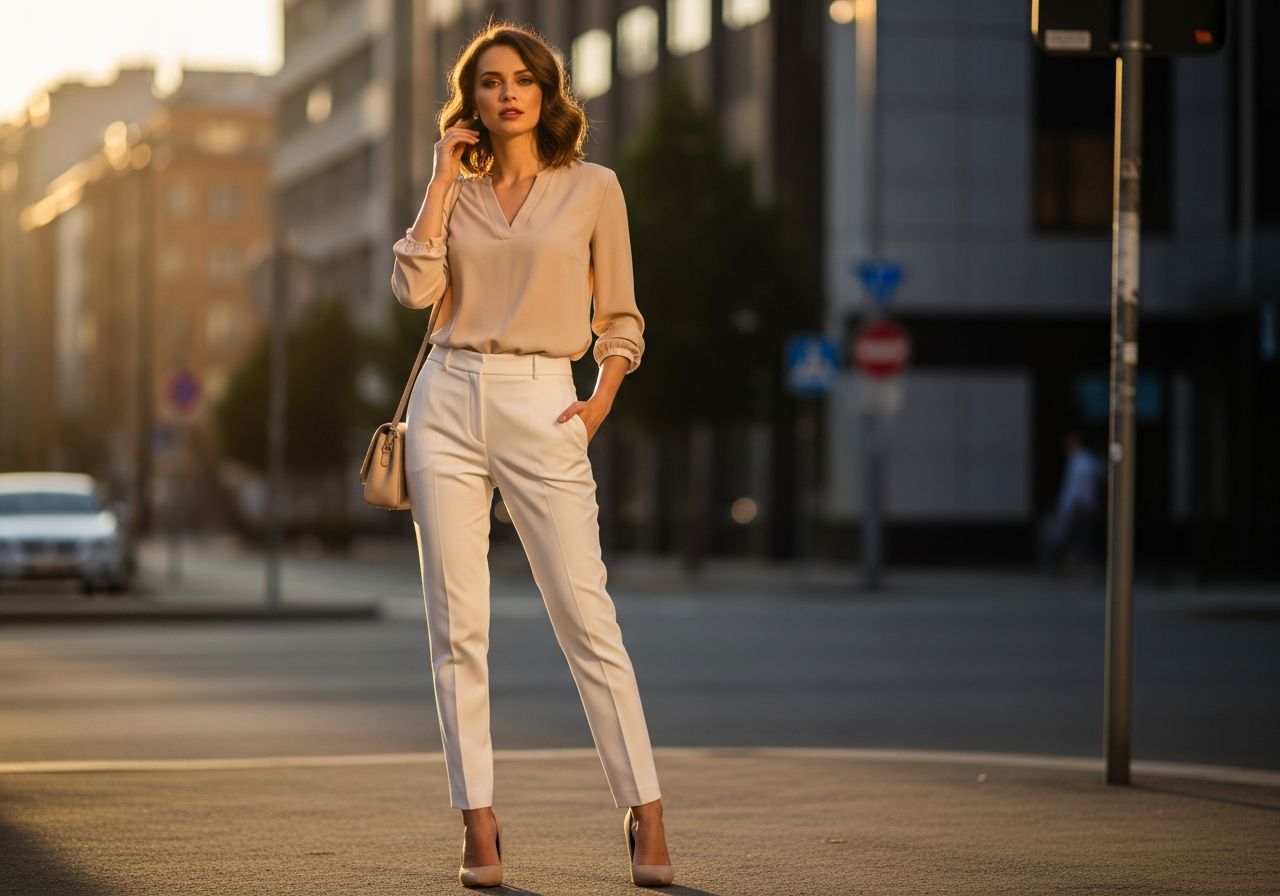 Žena v bílých kalhotách a béžové blůze stojí na městské ulici za teplého světla.