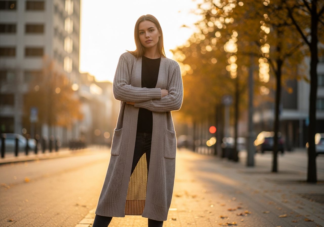 Mladá žena v městském prostředí v jemném svetru během zlaté hodiny, podzimní listí v pozadí